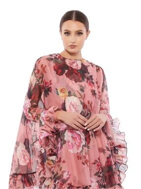 Mac Duggal Rose-Print Pink Ruffle Caped Mini Dress 55404